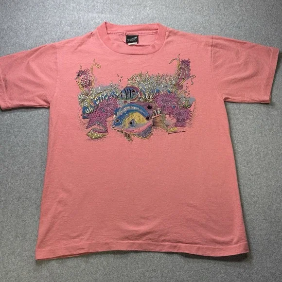 Vintage 1994 Diamond Dust Fish Coral Tee M Single Stitch USA Made Glitter Ink - Picture 2 of 10